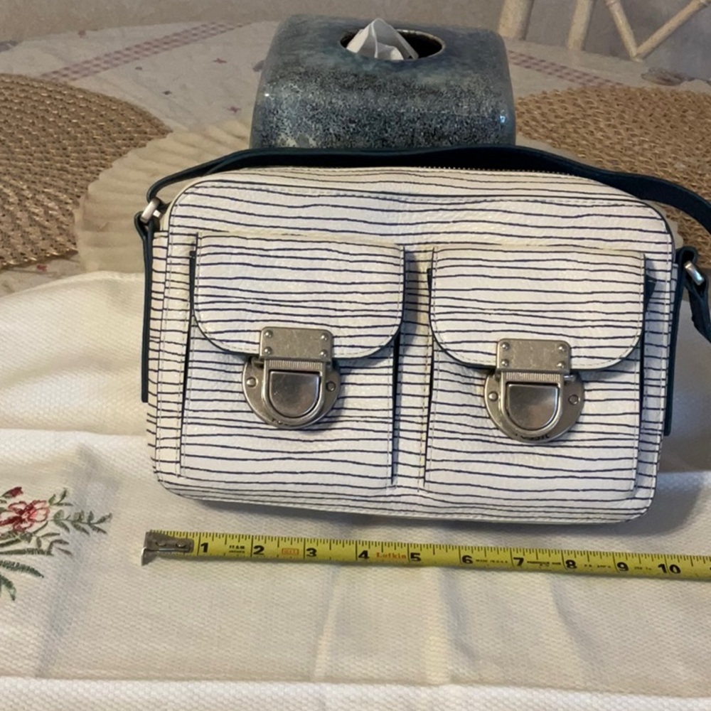 Fossil-Blue and White Striped LEATHER Shoulder Bag.